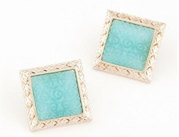 Square Blue Green Gold Rimmed Stud Earrings